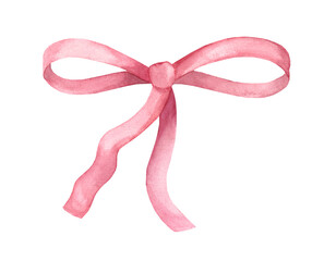 Watercolor illustration of pink satin ribbon bow isolated on white background. Holiday decoration for cards and invitations
