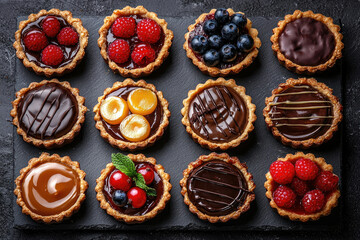 Assortment of twelve mini tarts with various fruit and chocolate fillings, elegantly arranged on a dark slate.