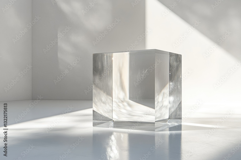 Poster a transparent cube sits on a white surface, illuminated by sunlight creating beautiful shadows.