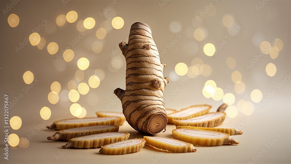 Poster sliced ginger root displayed artistically on a soft background with soft lights enhancing the natura