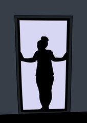 Silhouette of a woman, with her hair in a bun on top of her head, standing in the doorway and looking out.
