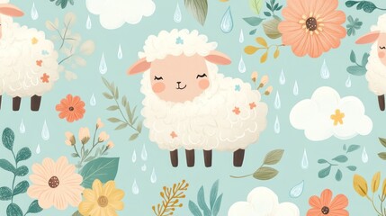 Cute sheep and flowers pattern in pastel colors with rain drops