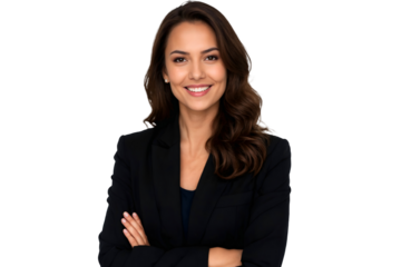 Portrait of a confident Businesswoman in a professional suit, smiling warmly with arms crossed, isolated on transparent background