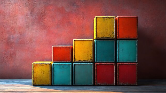 Bold arrangement of stacked colorful blocks forming an eye-catching pyramid structure