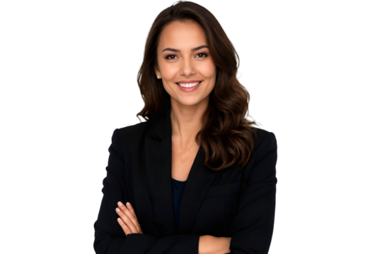 Portrait of a confident Businesswoman in a professional suit, smiling warmly with arms crossed, isolated on transparent background