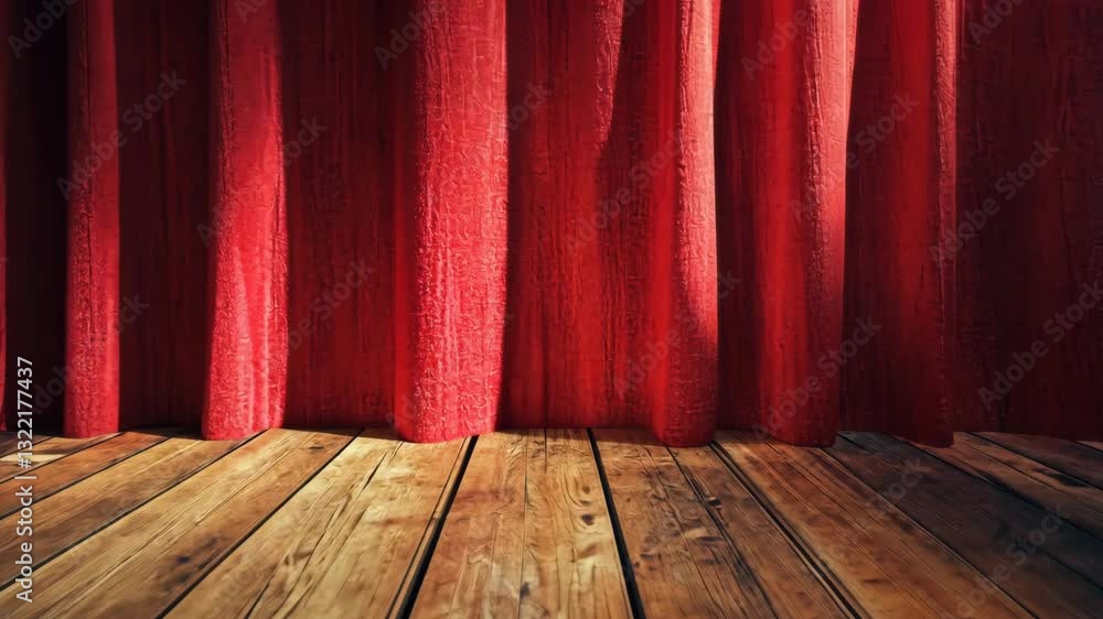 Poster stage is set with red curtains and wooden floor for an upcoming performance or event in a theater