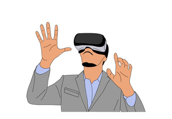 Business Man using virtual reality headset. Modern guy in formal suit and futuristic Virtual Reality glasses. Hand drawn colorful vector illustration of person isolated on transparent background.