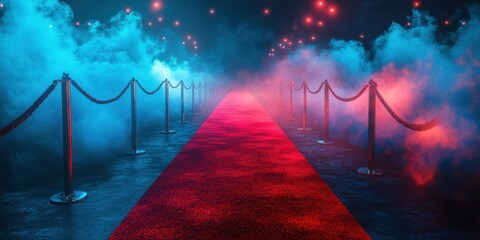 Elegant red carpet entrance illuminated by blue and pink fog with ropes guiding the way for a prestigious event