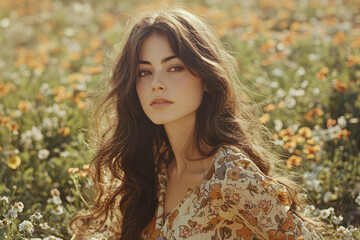 A young woman with long brown hair, wearing a floral dress, sits in a field of wildflowers.
