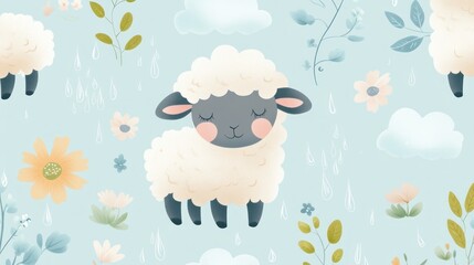 Cute sheep pattern with flowers, clouds, and rain