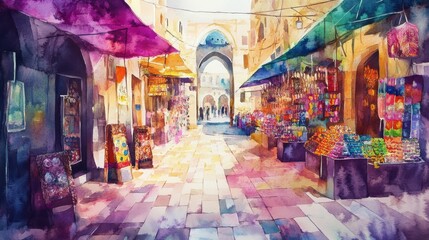 Fototapeta premium Watercolor illustration of Jerusalem street. Vibrant view of the souvenir market in the old city, filled with colorful trinkets and historic charm.