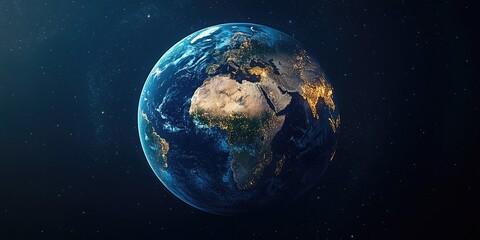 Naklejka premium Pixelated Earth globe in dark space, illuminated city lights, digital art, detailed continents. Blue and gold tones
