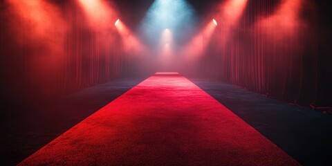 Brightly lit runway features red carpet and dramatic lighting in a performance space as preparation for an event kicks off