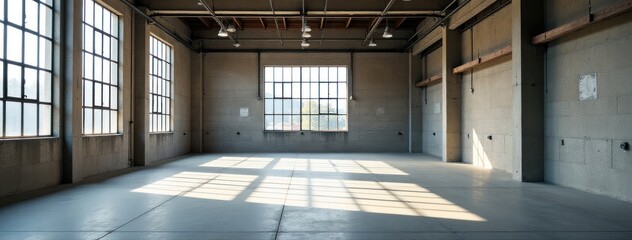 Obraz premium Empty Industrial Space with Steel Windows. Versatile Background. Ideal for product mockups in an industrial setting, illustrating concepts of spaciousness or urban decay