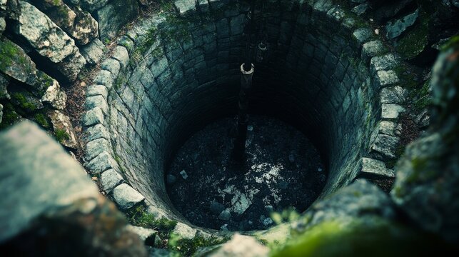 A view looking down into a deep stone well, surrounded by rugged brick walls, evokes mystery and historical exploration.