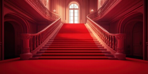 Grand staircase with red carpet leading to an illuminated entrance in an elegant hall during a formal event