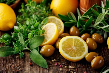 Freshly sliced lemons and whole green olives are displayed on a rustic wooden surface, surrounded by vibrant herbs and colorful spices, capturing a delightful cooking atmosphere