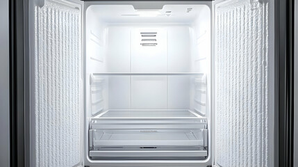 Open Empty Modern White Refrigerator Bright Interior Clean Shelves and Crisper Drawer Ready for Food Storage