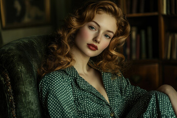 A redhead woman in a green polka dot dress sits in a velvet chair, exuding vintage charm.