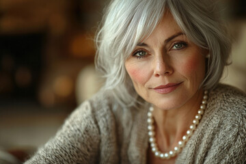 Fototapeta premium A mature woman with silver hair and a pearl necklace, exuding elegance and grace.