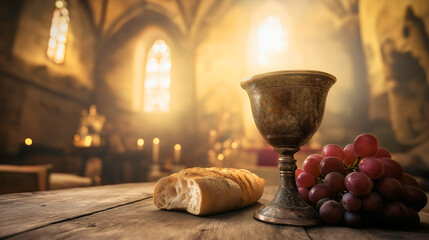 Sacred Communion Ceremony with Chalice Bread and Grapes on Altar in Church Setting
