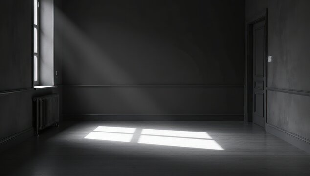 Minimalist Monochrome Empty Room with Negative Space Overlay. Ideal for creating quote graphics, designing minimalist website headers, adding impactful text overlays, presenting product mockups