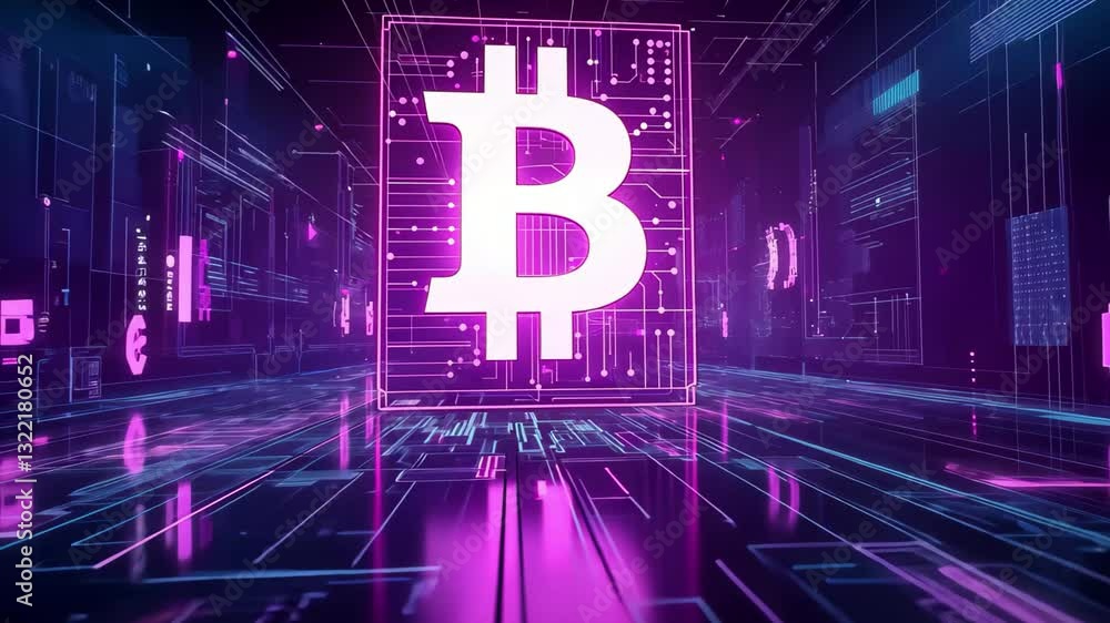 Poster futuristic blockchain network displaying cryptocurrency symbols in a vibrant digital environment, fu