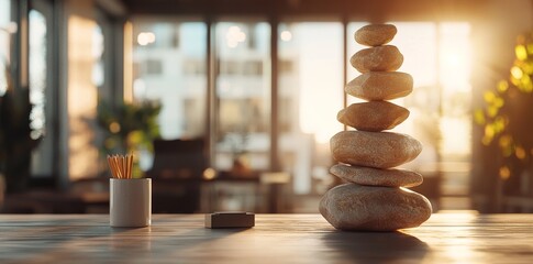 Zen stones are stacked on a desk in this 3D illustration with an office background