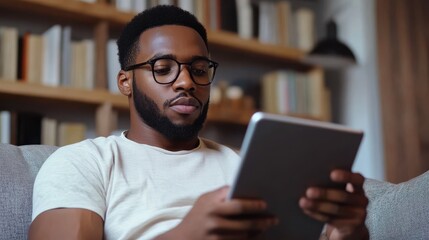 Serious african american man holding digital tablet computer sitting on couch at home. Young adult black guy using apps on tab technology device reading, ordering online or browsing internet.