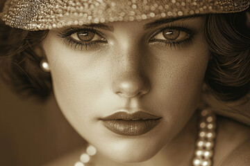 A sepia-toned close-up portrait of a woman wearing a stylish hat and pearls, exuding elegance and vintage charm.