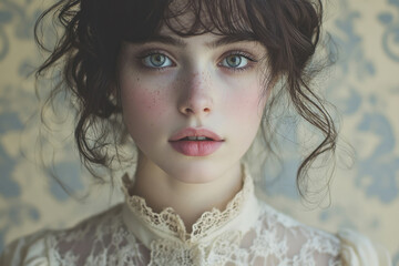 A portrait of a young woman with freckles, wearing a lacy blouse, ethereal beauty.