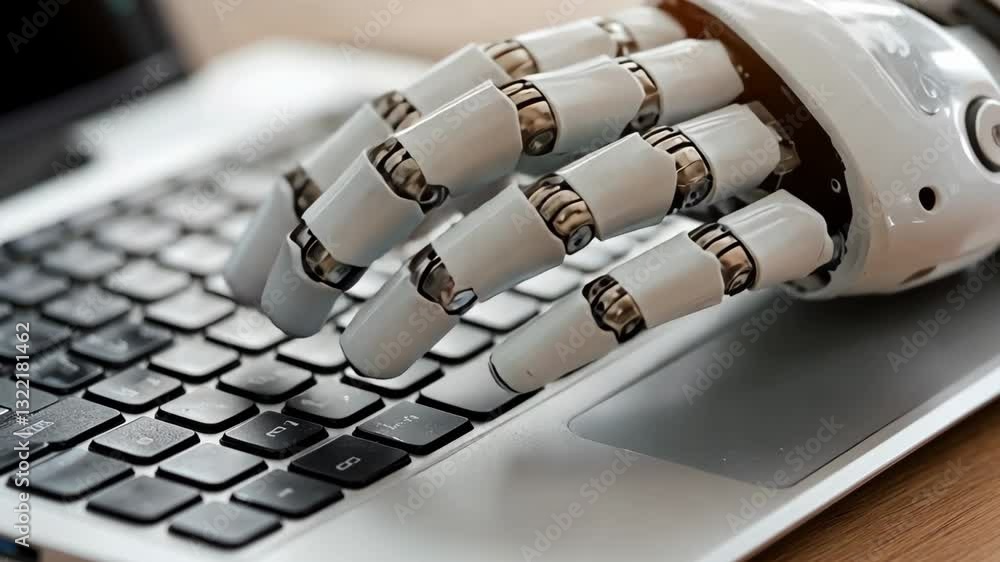 Poster robotic hand typing on a laptop keyboard during a technology demonstration in a modern office settin