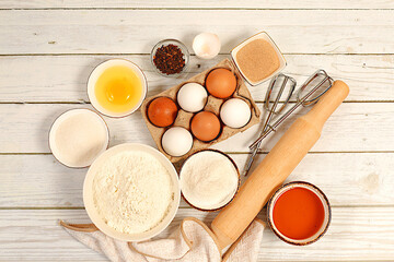 Kitchen baking background and recipe for cake, bread, pastry and ingredients for cooking, milk,...