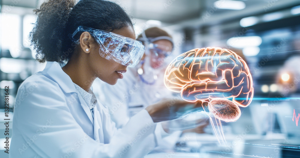 Leinwandbilder A group of interns in laboratory coats examine brain activity using modern technology and 3D visualizations. Their focus highlights the future of neuroscience and medical advancements in healthcare.