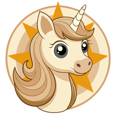 Cute unicorn with a golden horn and flowing mane against a cheerful star background