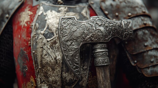 Engraved axe rests on a suit of armor, showing battle damage and ornate detail