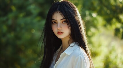 Naklejka premium A girl with long black hair, dressed in a white shirt, stands outside in a natural setting during the day, with greenery behind her