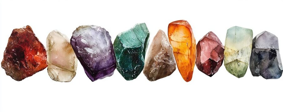 A set of chakra healing crystals for meditation and reiki is depicted with 7 chakras stones in a line, hand drawn in watercolor style, with rainbow gems isolated on a white background, representing a