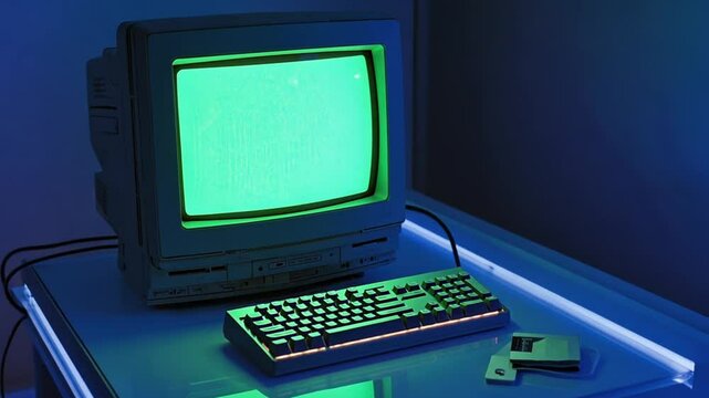 Vintage computer with green screen and keyboard in blue light
