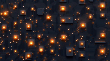 A seamless pattern of microchip textures with glowing connectors.