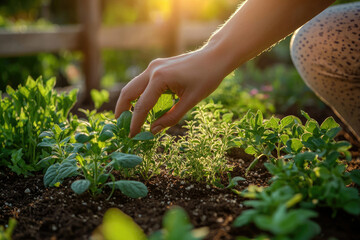 A hand gently tending to a vibrant herb garden, bathed in the golden light of the setting sun.