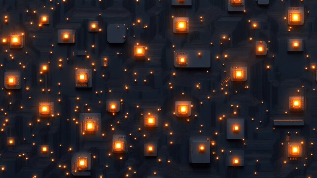 A seamless pattern of microchip textures with glowing connectors.
