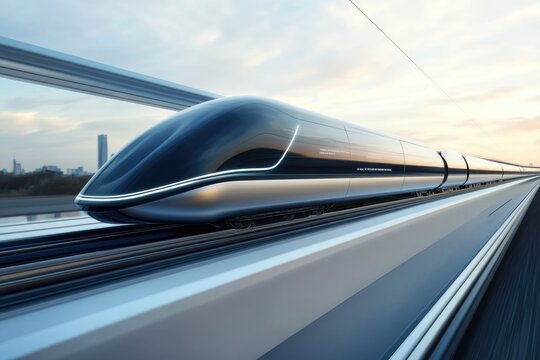 Futuristic high-speed train traveling on elevated track, sleek design, city skyline in background.