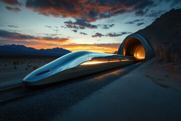 Futuristic high-speed train exiting a tunnel at sunset, showcasing advanced technology and speed.