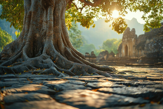 Ancient tree roots engulfing a stone pathway near a historical temple, bathed in golden sunlight.