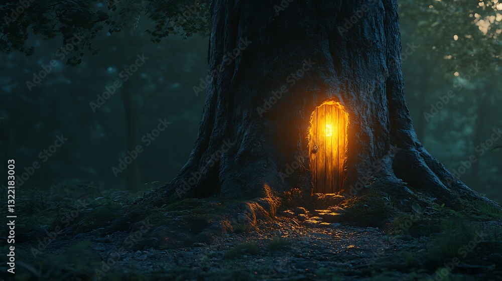 Poster a mysterious glowing door embedded in the trunk of an ancient tree