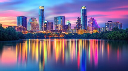 Naklejka premium Austin skyline at dusk with colorful lights reflecting on the water, Austin, Texas, skyline, evening, dusk, lights