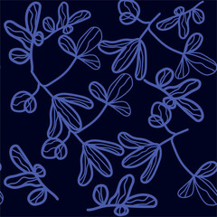Seamless floral pattern with hand-drawn blue leaves on a dark background
