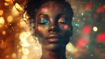 Portrait of black woman with healing energy and light. Generative AI.