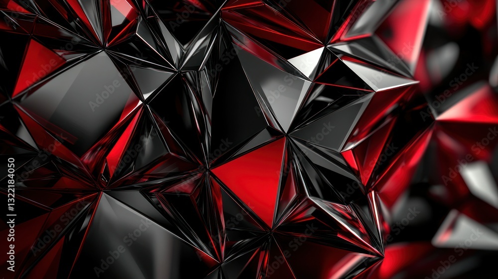 Poster faceted abstract with glossy black and striking red triangular shapes